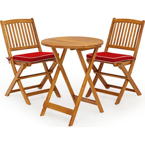 Set 3 pezzi pieghevoli legno acacia esterno sedie tavolo cuscino imbottito rosso (1/4)