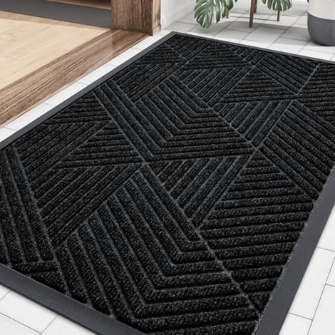 Tapis d'entrée robuste en caoutchouc naturel, 89 x 58 cm, noir, retient la saleté et l'humidité, facile à nettoyer, profil bas, intérieur/extérieur — Compatible avec les tapis de porte standard