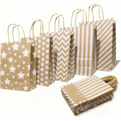25PCS Paper Party Bags with Handles - Gift Bag Kraft Small Brown Reusable for Sweets Cookie Candy Favor Birthday Wedding Christmas 5 Patterns 16x22x8cm (1/5)