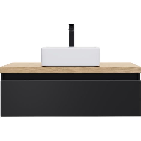 Meuble de salle de bain suspendu vasque à poser 90cm 1 tiroir Noir - Hudson (1/5)