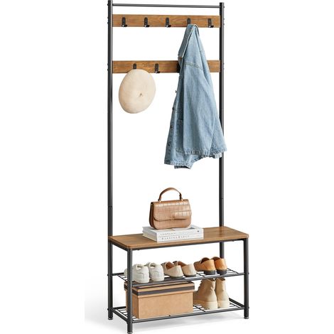 Porte-Manteau avec Étagère à Chaussures, Meuble d Entrée avec Banc, 3-en-1, Cadre en Acier, pour Entrée, Couloir, 32 x 70 x 177 cm, Style Industriel, Marron Châtaigne et Noir HSR041B41 (1/5)