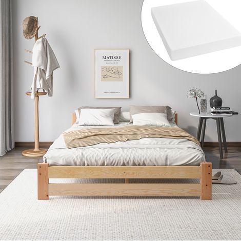 Lit futon en bois massif 140x200 cm, naturel, avec tête de lit et sommier à lattes, structure en pin (1/5)