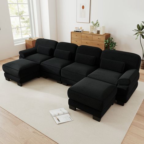 Sofá modular en u - 336x161x94 cm - 4 plazas con 2 pufs - salón moderno de pana - negro (1/5)