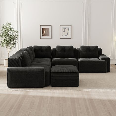 Canapé sans structure pour séjour, fauteuil modulable avec ottoman, assise moelleuse, canapé profond en velours côtelé, livré assemblé, base antidérapante, teinte noire. (1/5)