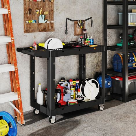 Chariot d’atelier à 2 étages avec poignée et trous d’accroche,pour garage et entrepôt,charge maximale 227 kg,finition noire.