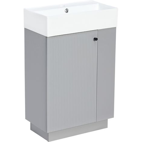 Meuble sous lavabo 55 cm avec vasque en céramique, rangement pratique et porte à fermeture douce, gris (1/5)