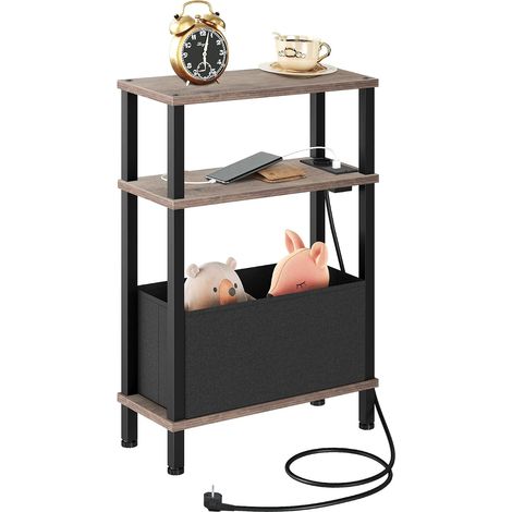 Table d’Appoint étroit à 3 Niveaux, Bout de Canapé avec Station de Charge, Table de Chevet avec tiroir Non-tissé Amovible, pour Chambre, Salon, Bureau, Gris Patiné et Noir (1/5)