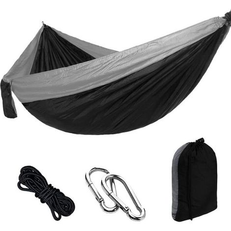 Ultra-light camping hammock in quick-dry nylon, with quality carabiners and straps - Black/Grey (1/4)