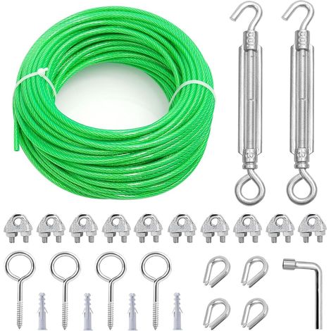 Outdoor Clothes Line Tensioner, 5 mm x 15 m PVC Steel Cable Green (1/5)