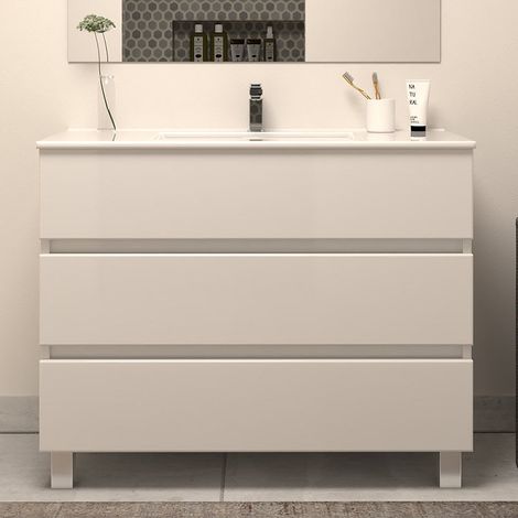 Meuble sous vasque seul, 3 tiroirs, 100cm, pour simple vasque - blanc brillant - MAYOR