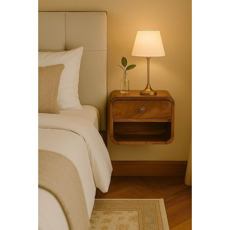 Mesita de noche flotante de madera maciza estilo natural, marrón miel caramelo, 1 cajón y 1 hueco abierto