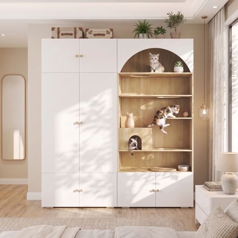Kleiderschrank 180x50x200 cm, mit Kleiderstange und Katzenkletterwand, Spanplatte, Weiß und Holzoptik (1/5)