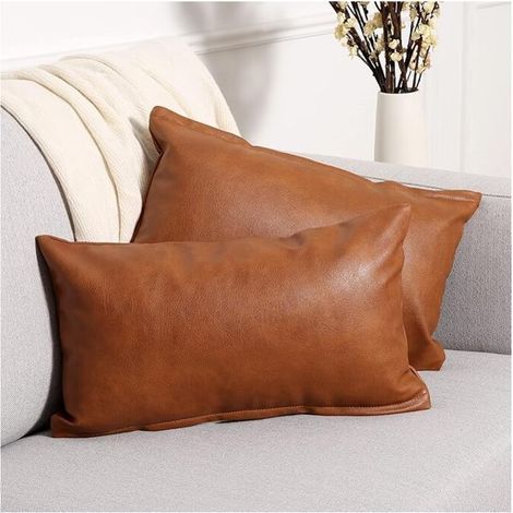 Set of 2 Pure Color Faux Leather Cushion Covers Modern Luxury Style Home Decoration Living Room Bedroom Sofa 30 x 50 cm Brown