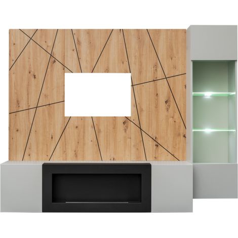 Ensemble meuble TV Xari G-K avec cheminée bioéthanol et vitrine LED - Bois MDF gris perle et chêne artisan - 200 x 158 x 40 cm - Livraison gratuite (1/5)