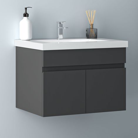 60 cm Waschtisch mit Unterschrank Badmöbel Set mit Waschbecken Keramik dick Gäste WC Anthrazit Matt (1/5)