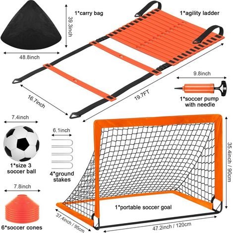 1 Kit équipement football, échelle agilité 6m, 6 cônes, ballon, pompe, but portable 120x90cm, sac transport, enfants adultes (1/5)
