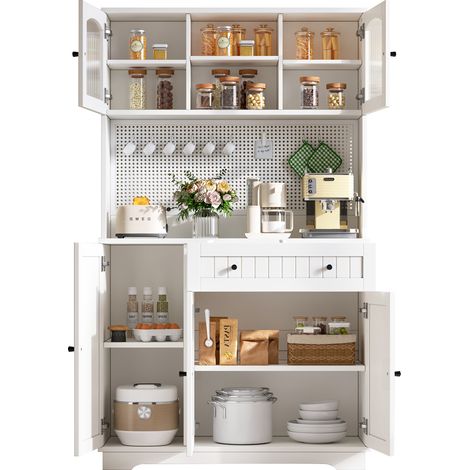 Buffet haut de cuisine Blanc,meuble de rangement moderne,avec étagères réglables,plan de travail,103.5x40x180cm (1/5)