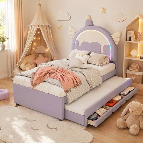 MEUBLIV Lit enfant 90x200 cm violet – tête licorne, lit gigogne et tiroirs, sans matelas (1/5)