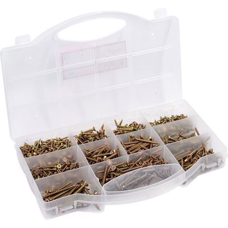 Lot de 900 vis universelles - Différentes tailles - Tête fraisée - Entraînement TX - Filetage complet - Galvanisé jaune - Jeu de vis/Boîte de rangement (1/2)