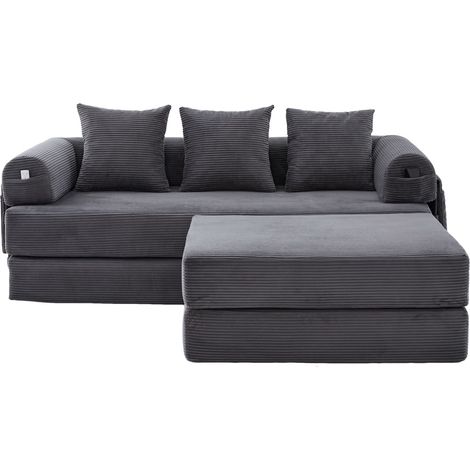 Sofá modular de pana con pouf, estructura metálica, 3 cojines y bolsillo lateral, gris oscuro (1/5)