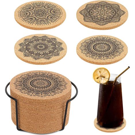 Lot de 12 Sous-verre, Rond, Liège naturel, Absorbant, Avec support métal, Pour cuisine bureau (1/5)
