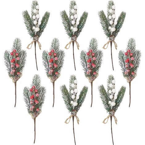 (5 baies rouges + 5 baies blanches) 10 pièces Bouquet de Noël Pin d'Amazonie Neige Givrée Baies Nœud Corde de Chanvre Accessoires de Bouquet Coupes (Baies Rouges + Baies Blanches) (1/2)