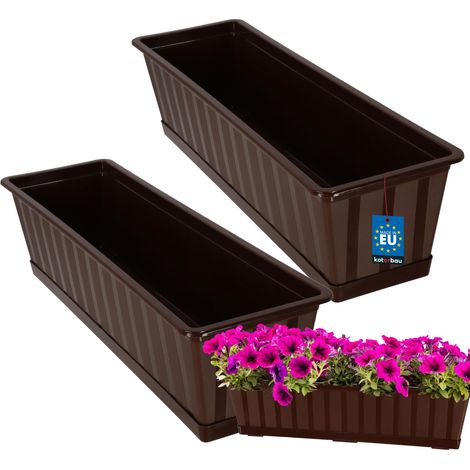 KOTARBAU® Lot de 2 Pot de Fleur Exterieur - Jardinières Exterieur - PVC - 60 x 18 x 14 cm - Brun - Jardinière Balcon - Rectangulaire - avec Soucoupe - Bac à Fleurs (1/5)