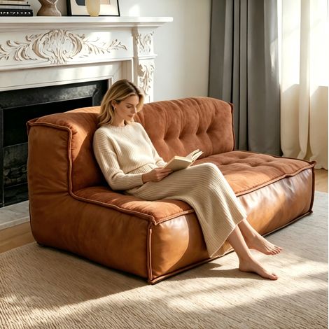 Canapé droit 2 places style vintage– Dossier incurvé capitonné assise spacieuse – Confort salon petit espace coin cheminée – Dimensions 126x85 cm– Cuir synthétique bicolore (1/5)