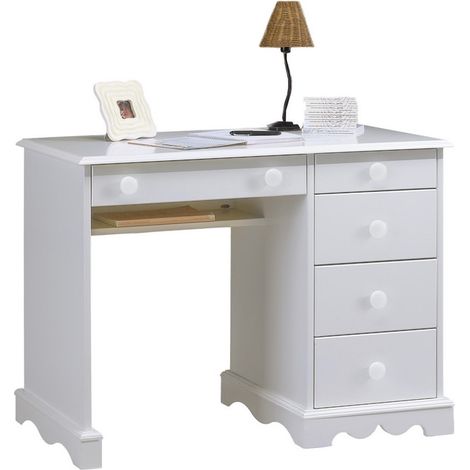 Bureau 1 Caisson 5 Tiroirs Blanc 1 Etagère Style Anglais L 100 H 74.7 P 58.3 cm (1/3)