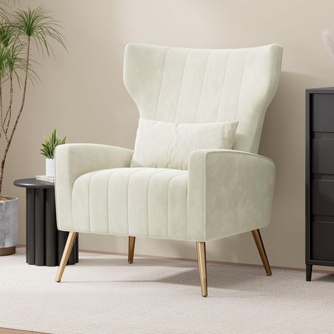 Relaxsessel aus Samt mit Kopfkissen und Goldfüßen, bis 130kg, Beige (1/5)