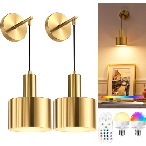 Paquete de dos apliques de pared inalámbricos recargables con mando a distancia y luces LED de 16 colores, para dormitorios, salas de estar (dorado)