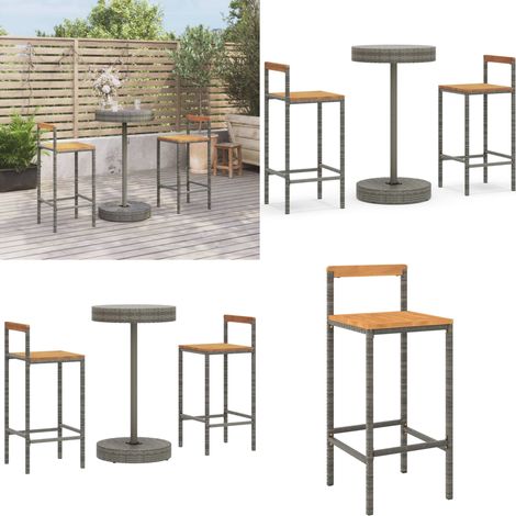 Ensemble de bar jardin 3 pcs gris poly rotin/bois massif acacia - Ensemble Salon De Jardin - Mobilier De Jardin - Set De Bar Extérieur - Table Et Chaises De Bar - Table Basse Extérieure - Home & Livin