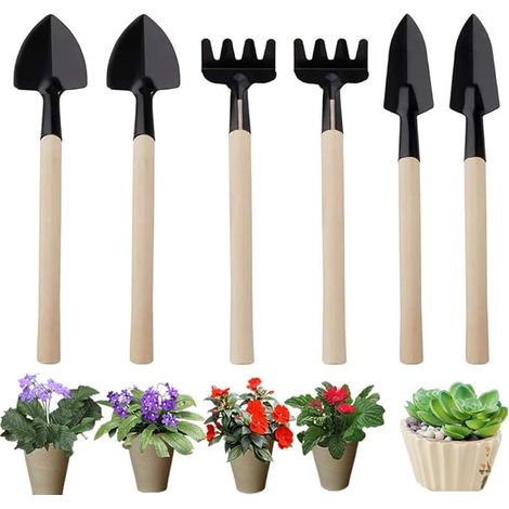 Juego De Herramientas De Jardinería MINKUROW, 6 Piezas, Mini Rastrillos Pequeños, Pala, Pala, Mango De Madera, Kit De Plantación, Para Trasplantar Plantas (1/4)
