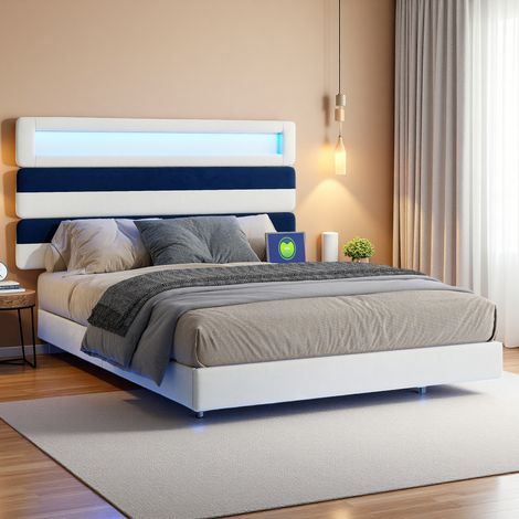 Lit rembourré 140 x 190 cm, cadre de lit double, cadre de lit avec éclairage LED et USB, avec tête de lit, cadre de lit flottant, velours, blanc et noir (livraison locale) (1/5)