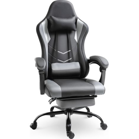 Ergonomischer Gaming-Stuhl Schwarz mit Kopfstütze, Lendenkissen, Fußstütze und Höhenverstellung (1/5)
