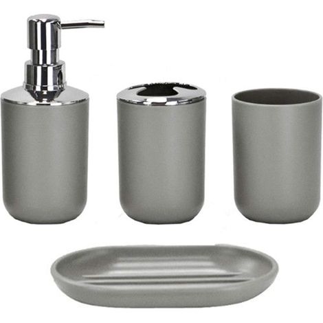 Badezimmer-Zubehör-Set, modernes Design, 4-teilig, Lotionsflaschen, Zahnbürstenhalter, Zahnbecher, Seifenschale, grau-vier (1/3)