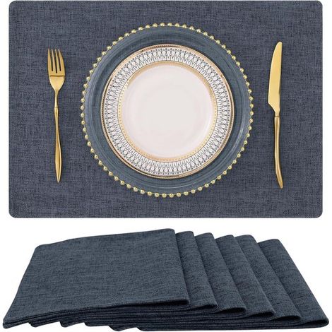 Lot de 6 sets de table aspect lin et coton. Sets de table lavables, style champêtre, pour l'intérieur et l'extérieur, faciles d'entretien, noirs, 30 x 45 cm (1/5)