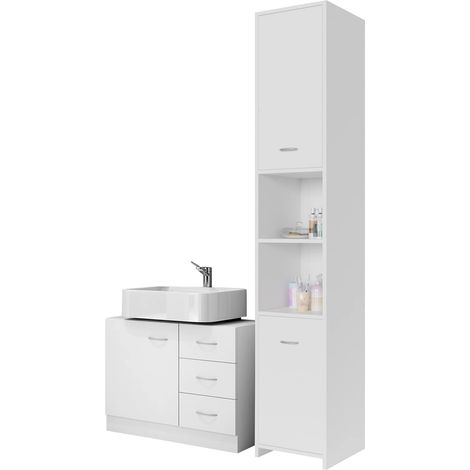 CASARIA® Naples 2 Piece Bathroom Furniture Set 1-Door 3-Drawer Under Basin Vanity Unit Tall 2-Door 2-Shelf Bathroom Cabinet Space Saving Modern Compact Combination White (1/5)