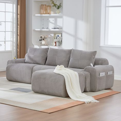 Canapé modulable 268/174/80 cm en velours côtelé gris clair avec porte-gobelet et poche latérale (1/5)