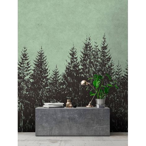 Papier peint panoramique forêt style industriel | Tapisserie panoramique grise & verte | Papier peint panoramique arbre effet dessin pour escalier - 270 x 400 cm (4 pièces) (1/5)