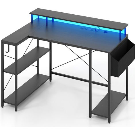 Bureau d'angle 120 x 80 x 87 cm avec éclairage led réglable et prises intégrées design scandinave en bois noir