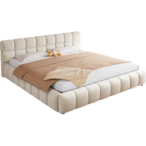 CHICFURN Lit coffre 180 x 200 cm en velours beige, tête de lit capitonnée, LED d'ambiance, rangement hydraulique, sommier à lattes, chambre adulte (1/5)