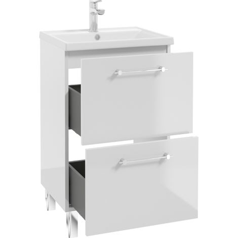 Meuble de salle de bain avec lavabo et 2 tiroirs 50x80cm, sur pied, blanc brillant, Cassandra (1/5)