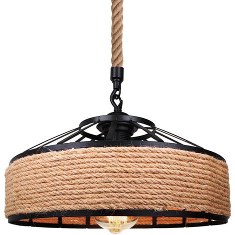 Wottes – Suspension luminaire rétro en fer avec corde de chanvre E27 – Diamètre 30 cm – Pour salon, cuisine, bar, café – Élégance vintage