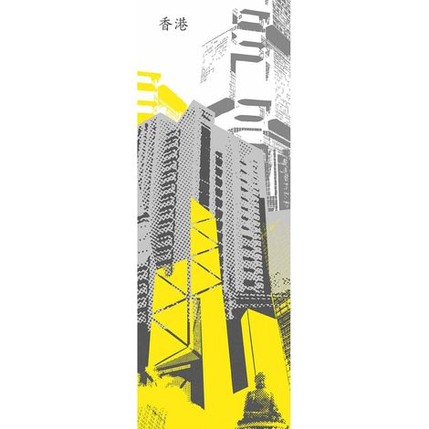 Papier peint panoramique HongKong chambre ado | Tapisserie panoramique ville grise & jaune moderne | Papier peint panoramique idéal escalier - 280 x 100 cm (1 pièce) (1/2)