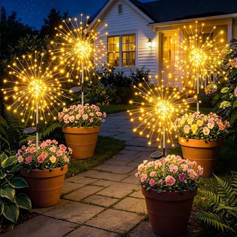Luces solares para exteriores, 4 piezas, 120 LED, fuegos artificiales solares, 8 modos, luces solares para exteriores, IP65, impermeables, para jardín, balcón, entrada, terraza, patio, decoración (bla (1/5)