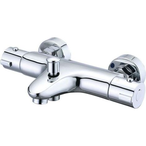Thermostatic Shower Mixer, Brass Thermostatic Bath Mixer, Bath Tap with 38°C Safety Stop, Wall-Mounted Shower Tap with 2 Outlets, 150mm Center Distance, Silver (1/5)