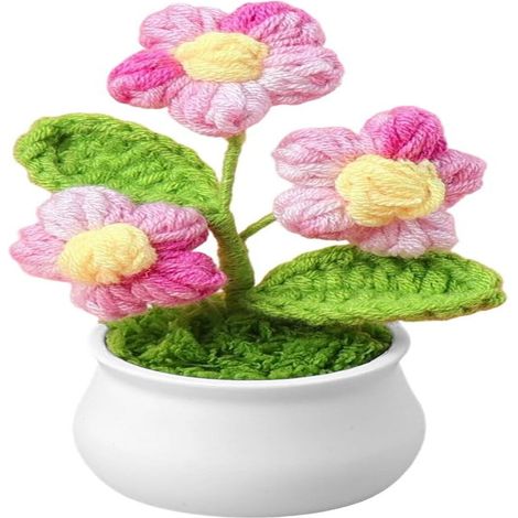 Ce lot comprend 1 pot de fleurs au crochet orné de 3 fleurs artificielles, conçu avec un fil multicolore à dégradé rose pour une est (1/5)