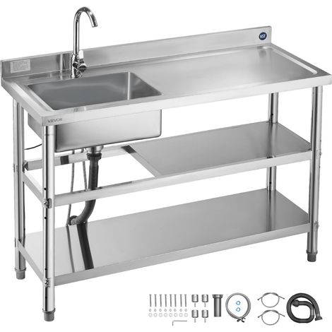 Évier cuisine utilitaire en acier inoxydable, évier professionnel autoportant à cuve unique avec robinet, tuyau d'eau chaude et froide, 2 étagères pour garage, restaurant, buanderie 120x50x94 cm (1/5)