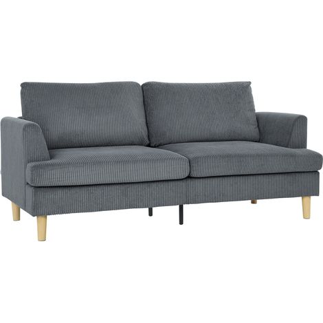 HOMCOM sofá de 3 plazas, 188x80x86 cm, tapizado en pana, acolchado grueso de muelles, asiento ancho, reposabrazos, 2 almohadas, gris oscuro